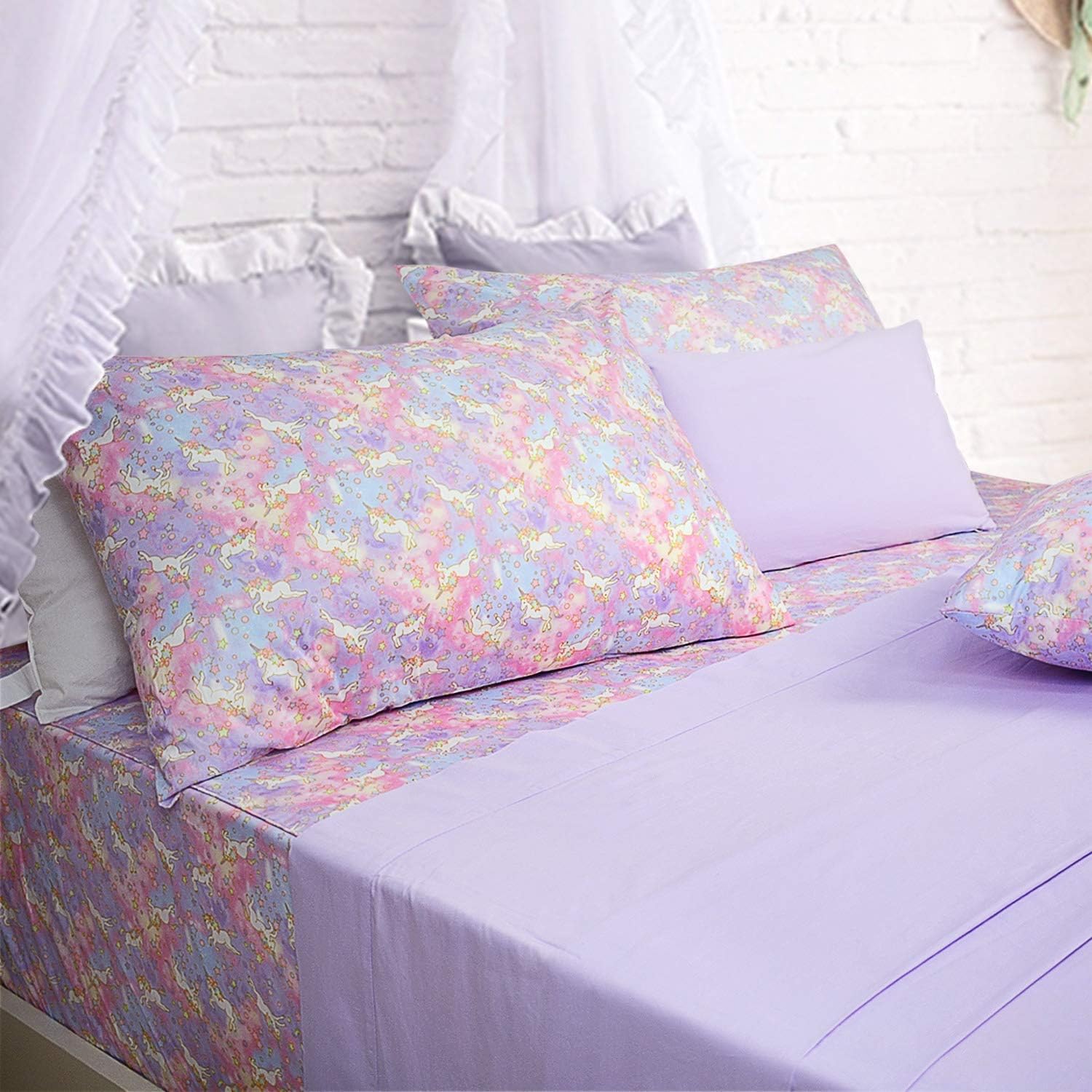 Brandream Unicorn Bedding Set Full Size Sheets 100% Cotton Kids Bed Sheet Set Deep Pocket 18 Inch Pink Purple Girls Sheets(1 Top Sheet + 1 Fitted Sheet + 2 Pillowcases)