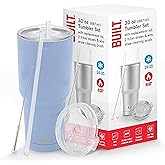 BUILT Double Walled Stainless Steel Tumbler Set with Replacement Lid, 2 Reusable Tritan Wire Straw Cleaning Brush in Gift Box, 30-ounces, Cerulean