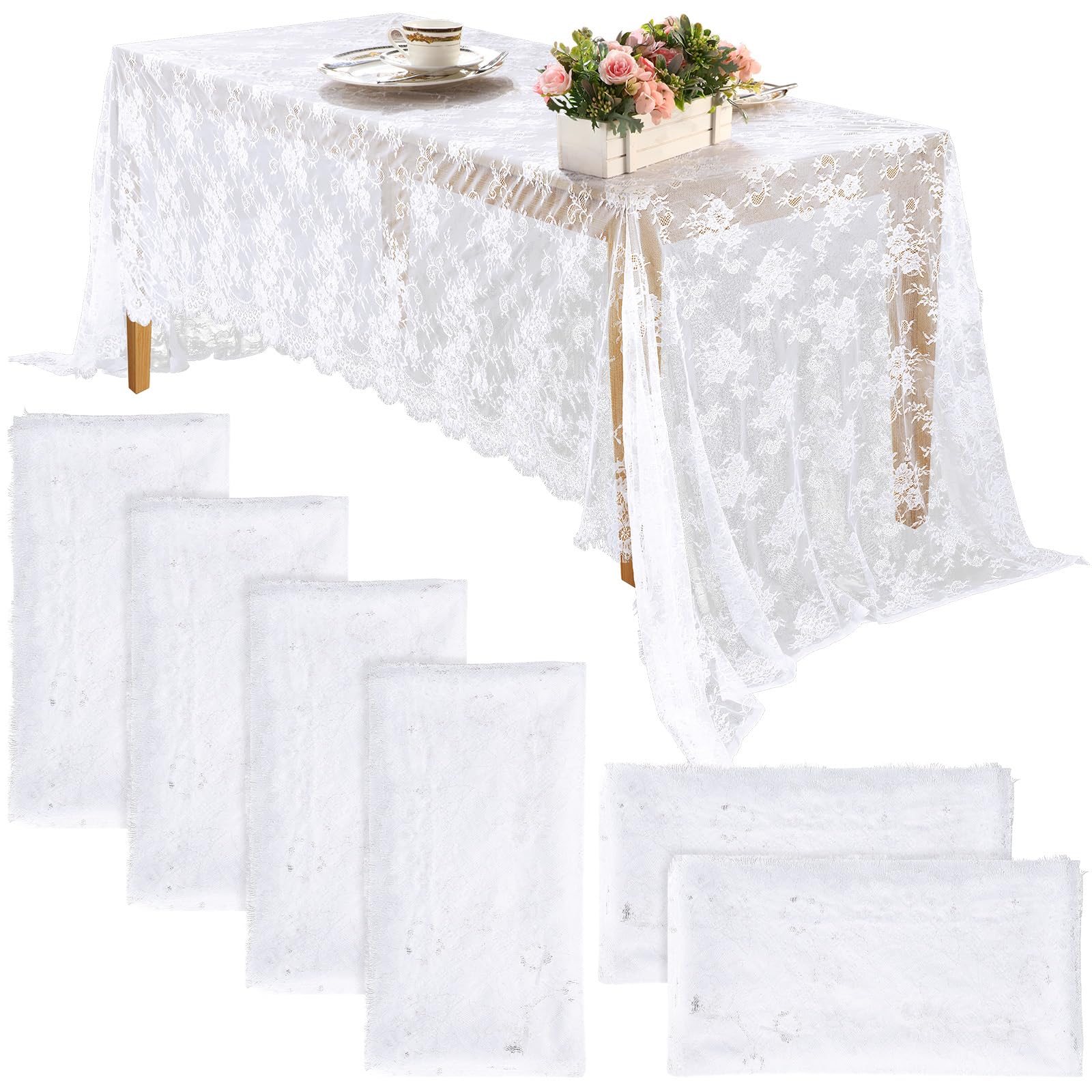 Photo 1 of Honeydak 6 Pcs Lace Tablecloth Rectangular 60 x 120 Inch Wedding Rustic Tablecloth Overlay Rose Vintage Embroidered Wedding Reception Party Table Cover Decorations for Bridal Tea Party