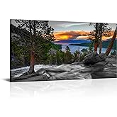 LevvArts California Sunset Picture Wall Art Emerald Bay Lake Tahoe Landscape Canvas Print Paintings USA Nature Scenery Artwork Framed Posters for Office Home Decor Ready to Hang 24"x48"