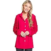 john mark Women's Button Front Top with Sheer Ruffle Detail Long Sleeves