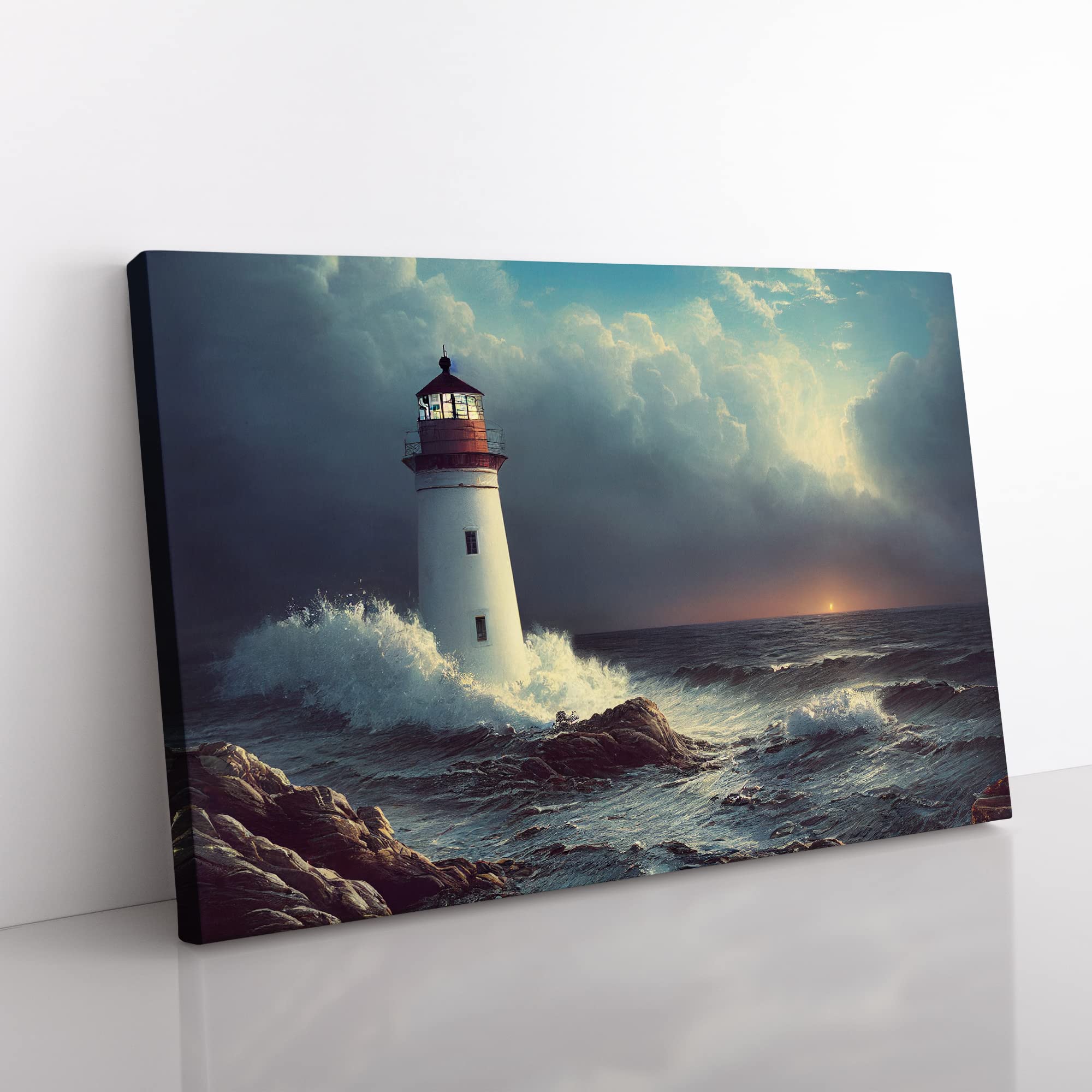 Interesting Lighthouse Seascape Canvas Wall Art Print Ready to Hang, Framed Picture for Living Room Bedroom Home Office Décor, 50x35 cm (20x14 Inch)