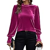 Long Sleeve Velvet Tops for Women, Frill Mock Neck Casual Loose Fit Fall Winter Velour Blouses