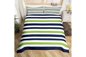 HOMEWISH Striped Comforter Cover Full Size, Green Blue and White Stripes Print Simple Style Duvet Cover Set for Girls Teens Bedroom, Geometric Shape Microfiber Polyester Bedspreads with 2 Pillowcases
