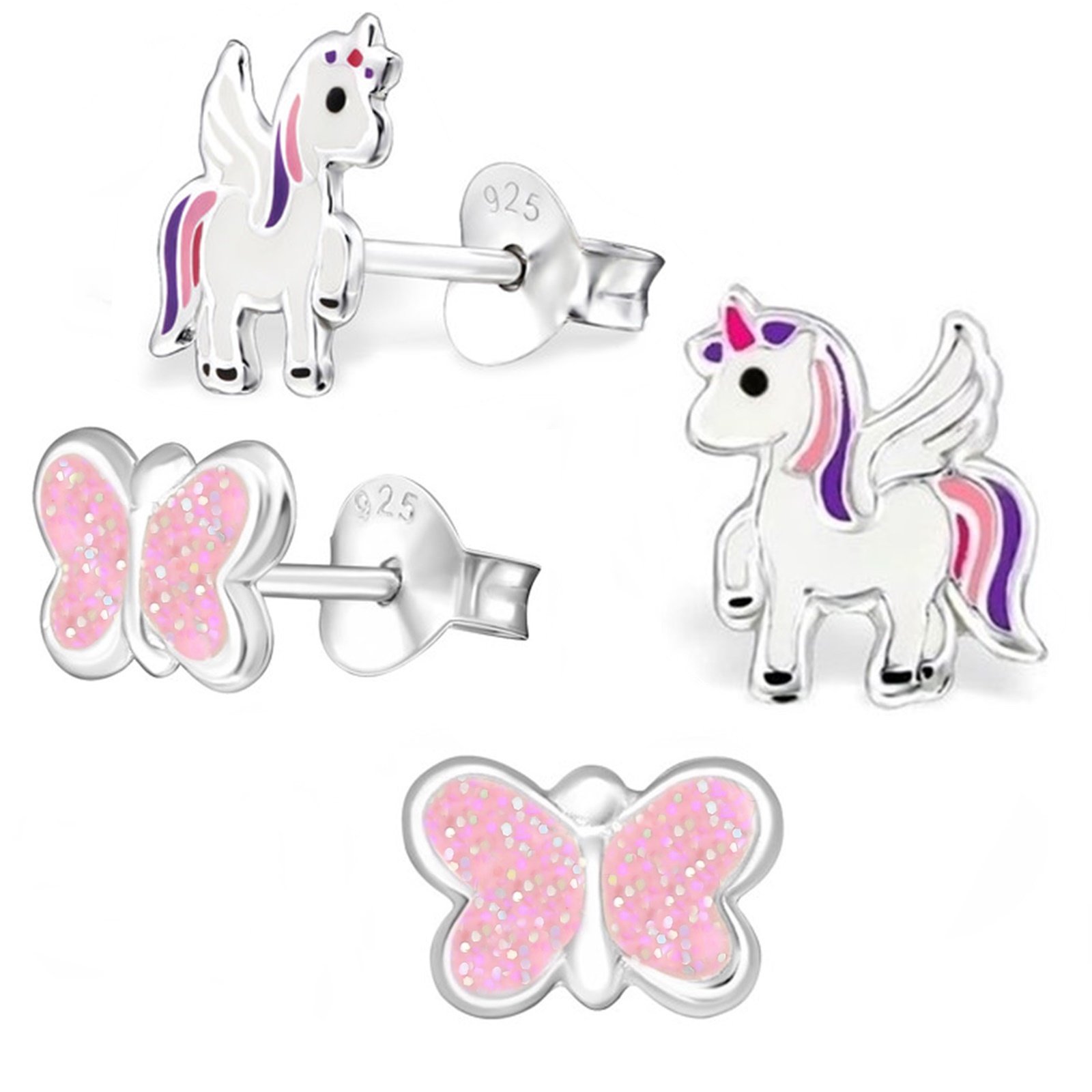 GH1a 2 pairs children unicorn with glitter butterfly earring set, 925 sterling silver girls’ pink, purple, white