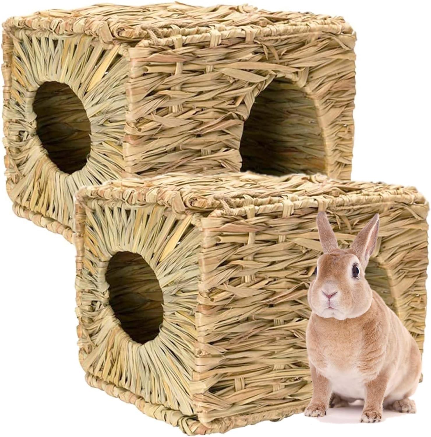 Young Wolf Pair of Grass Foldable Woven Animal Hut Bunny House Play Hideaway Bed Hay Mat for Rabbit Guinea Pigs Gerbils Hamster and Small Animals