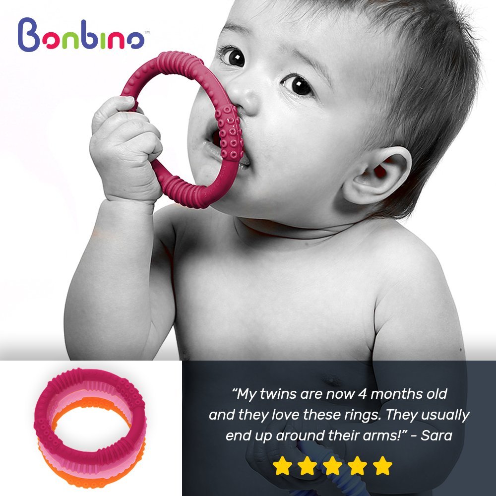 Bonbino Teether Rings - (4 Pack) Silicone Sensory Teething Rings - Soothes Baby Gum Pain! (Pinks and Oranges) : Baby