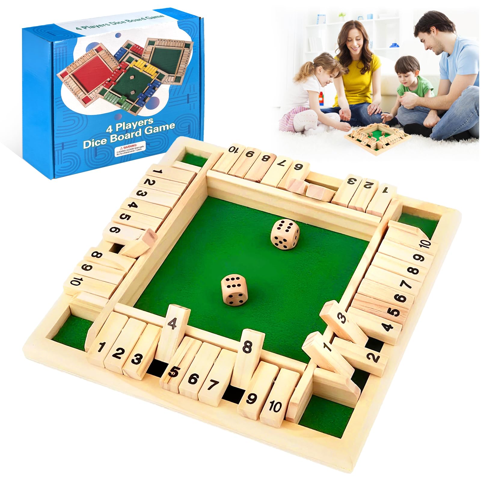 Shut the Box Classic Wooden Board Game with Dice - 4 Player Educational Travel-Friendly Fun Table Math Games for Kids & Adults