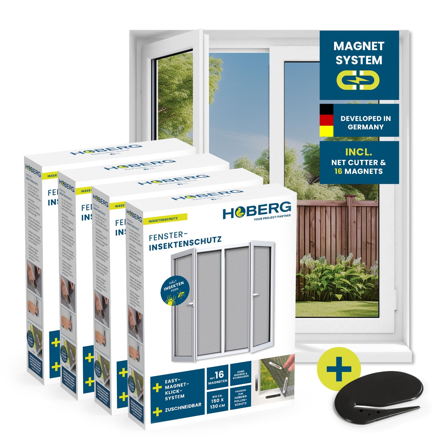 Hoberg Window Fly Screen with Innovative Magnetic Fastening | Fly net can be Individually Cut to Size up to 150 x 130 cm, no Drilling or screwing | Attach Mosquito net with 16 Magnets [4 Pieces]