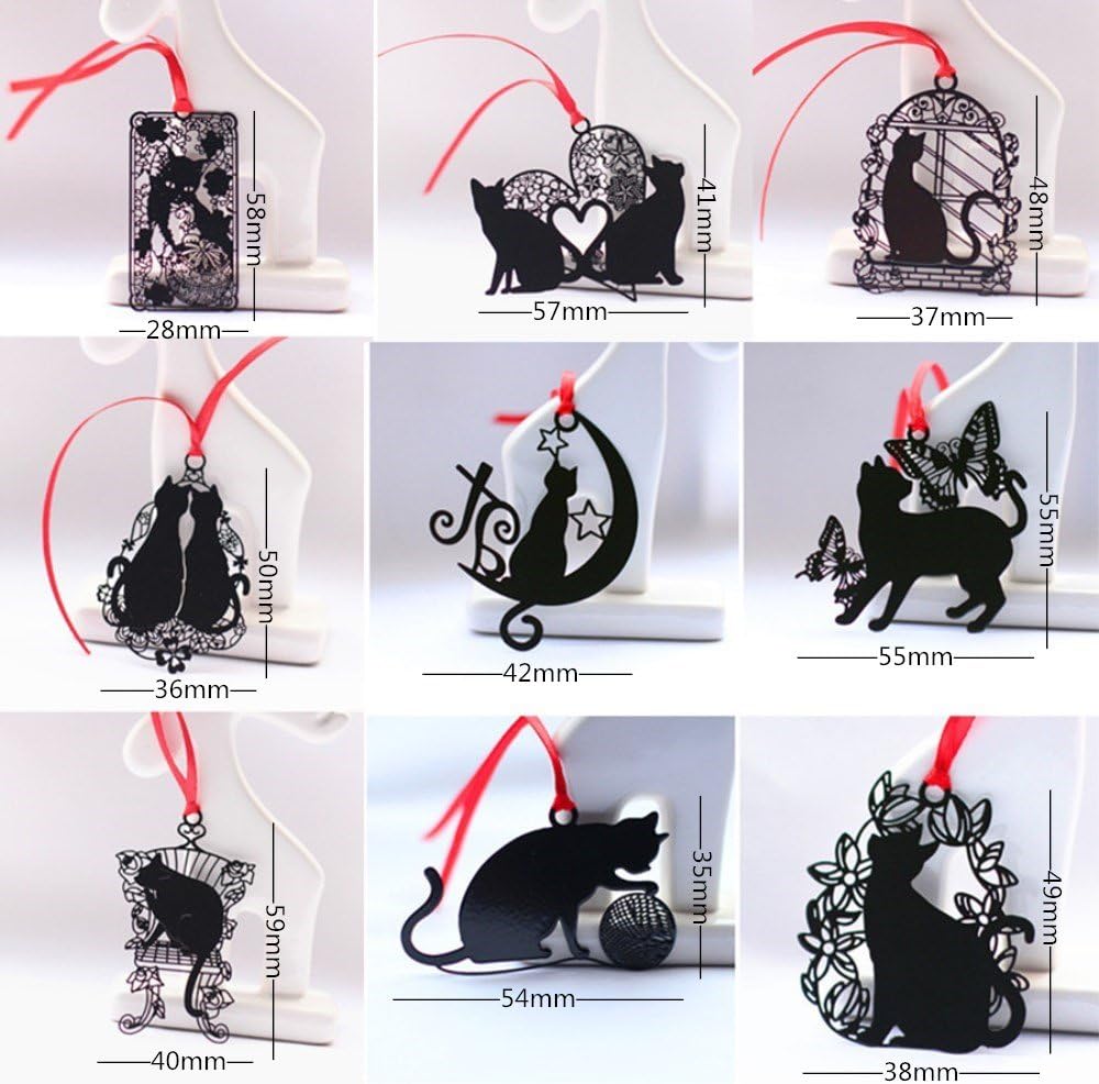 yuetonPack of 9 Creative Black Cat Metal Bookmark with Red Strap