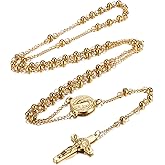 Rofusn Rosary Beads Cross Necklace for Women Men, Stainless Steel Lords Prayer Long Chain Necklace Jewelry Gifts Y Necklace