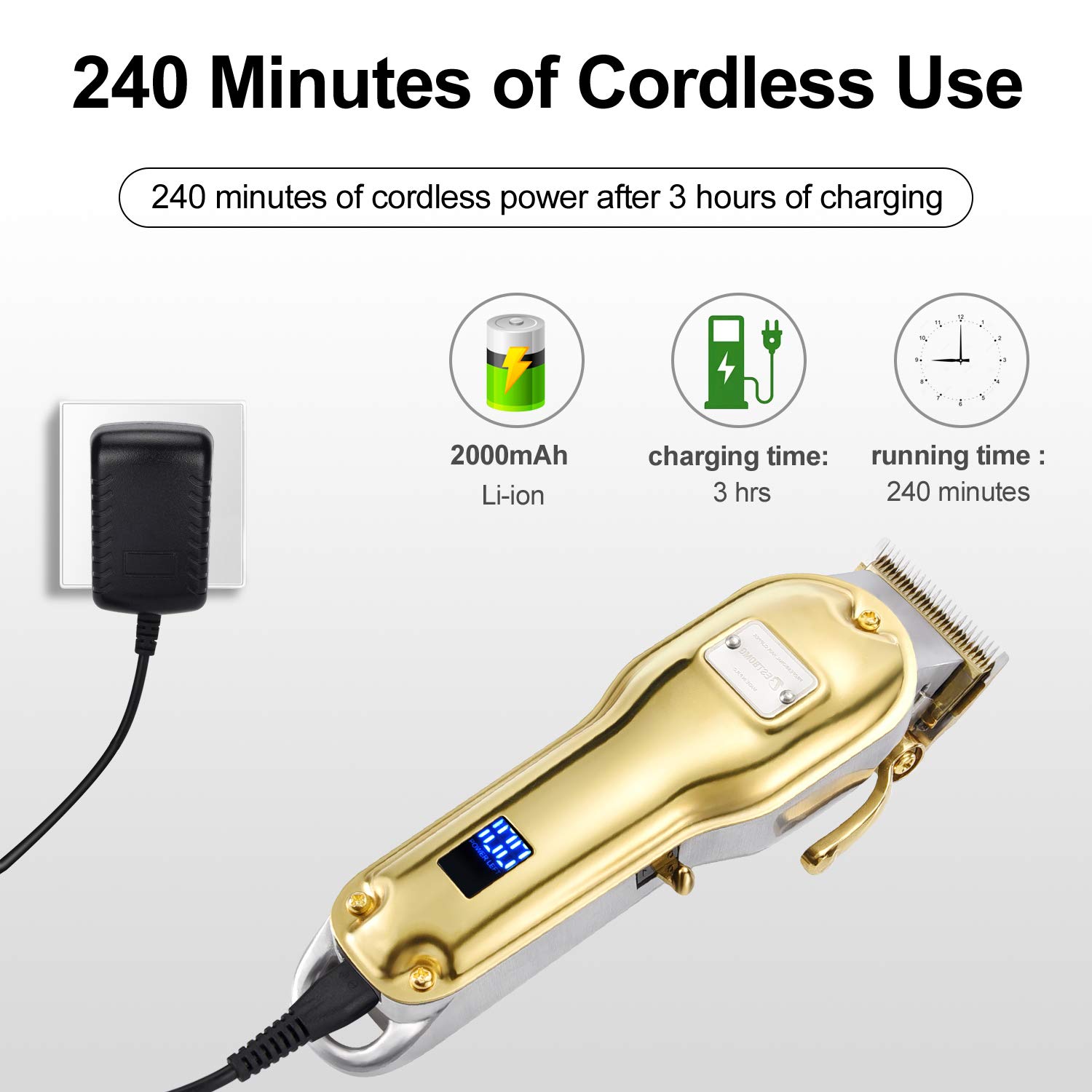 BESTBOMG Professional Cordless Haircut Kit Clippers for Men Rechargeable Hair Clippers Set LED Display with Stainless Steel Metal Housing Heavy Duty Motor for Men, Women, Kids