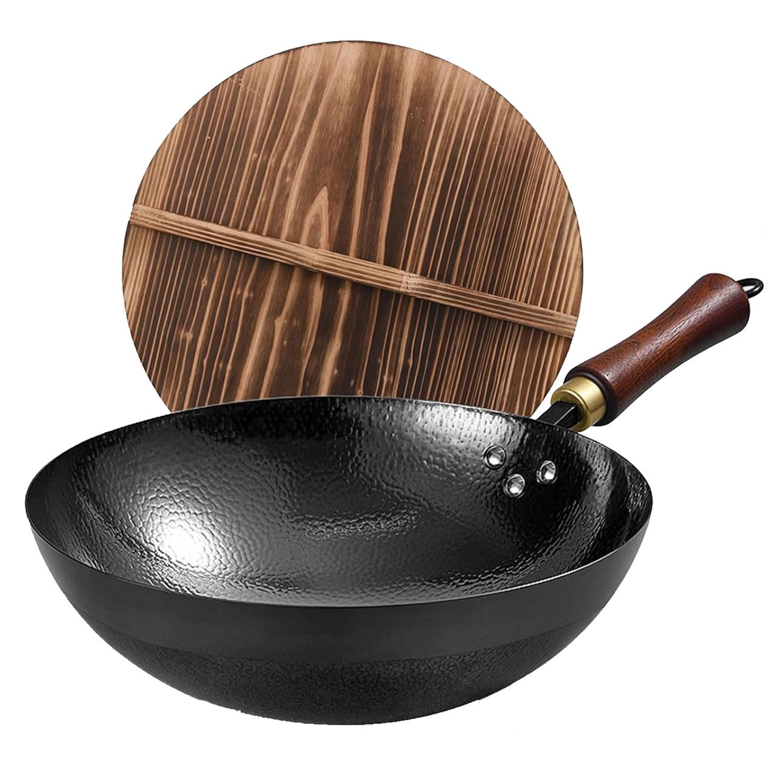 Photo 1 of UMETRE Carbon Steel Wok Pan, 13.5?Woks & Stir-Fry Pans with Wooden Lid Cookwares, Nonstick Wok, No Chemical Coated Round Bottom Hand Hammered Chinese Wok For Gas