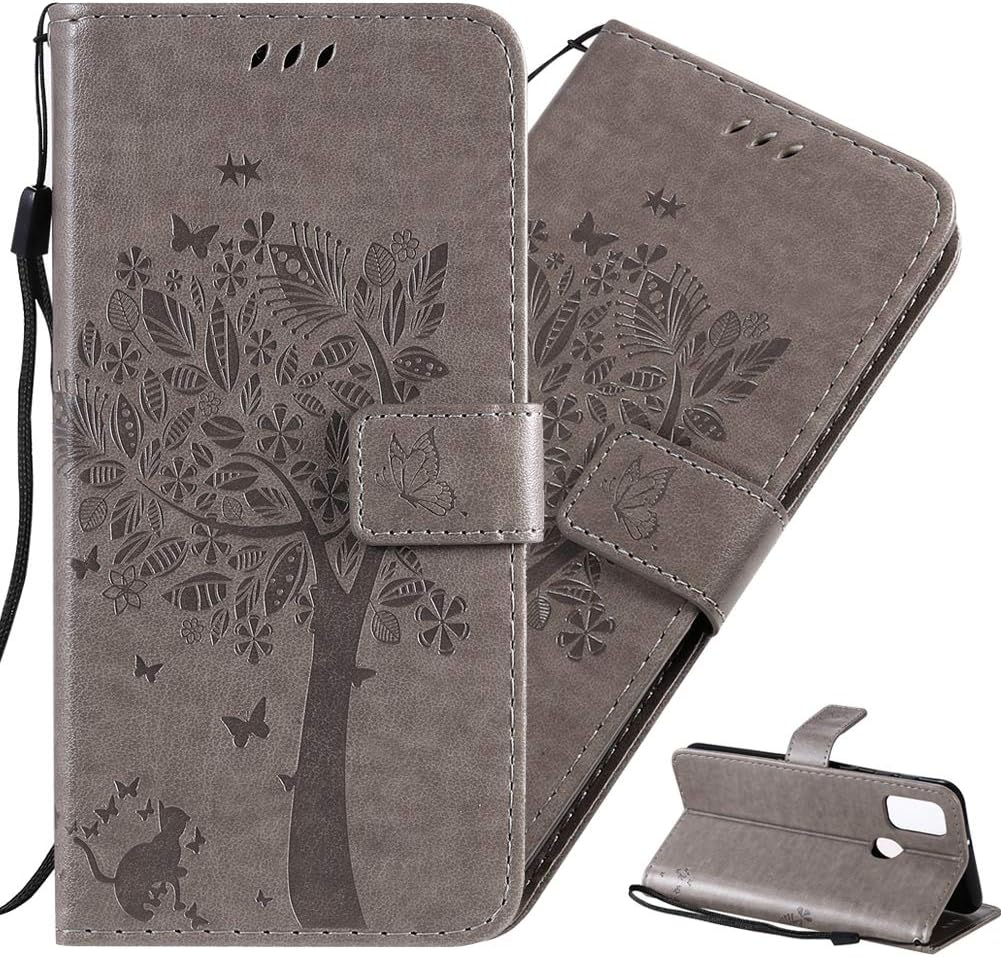 MRSTERUS Samsung Galaxy M30S Wallet Case,Embossed Leather case Purse Credit Card Holders,Magnetic Flip Folio TPU Soft Bumper Case for Samsung Galaxy M30S Cat and Tree Gray KT