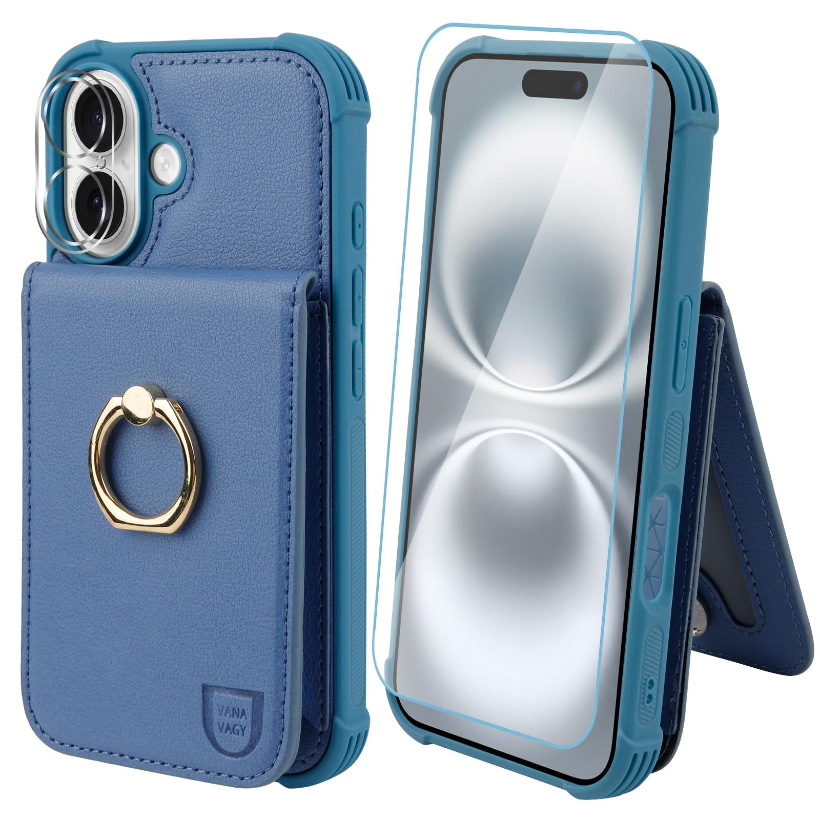 VANAVAGY for iPhone 16 Wallet Case with Credit Card Holder and Coin Pocket[360° Rotation Ring Kickstand ],Leather Magnetic Clasp Flip Folio Phone Cover for Women and Men 6.1 Inch,blue
