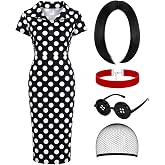 Honic 5 Pcs Halloween Vintage Costume for Women,Polka Dot Dress,Bob Wig,Button Glasses,Velvet Collar for Party Dress Up