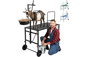 Goatzy Goat Stand with Adjustable Headpiece & Legs, Goat Milking Stand with Feeder, Rails & Wheels, Stanchion for Grooming & Hoof Trimming, Sheep Stand for Shearing Heavy-Duty Steel Platform, Black