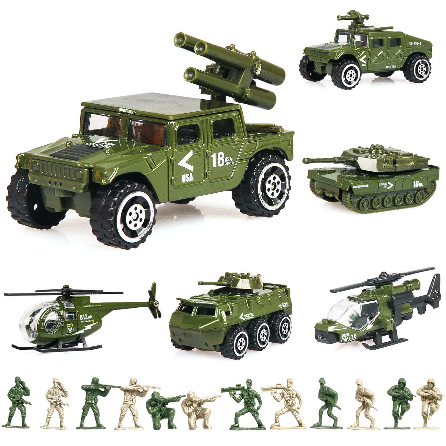 Photo 1 of 18 Pack Die-cast Military Vehicles Sets,6 Pack Assorted Alloy Metal Models Car Toys and 12 Pack Soldier Army Men, Mini Army Toy Tank,Panzer,Anti-Air Vehicle,Helicopter Playset for Kids Boys