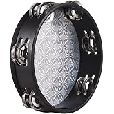 HUIOP Tambourine,8-Inch Wooden Radiant Tambourine Handbell Hand Drum with Double Row Jingles Reflective Drum Head Musical Percussion Instrument