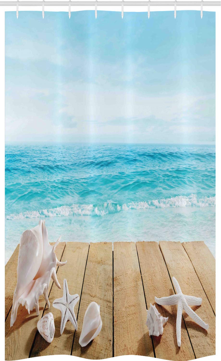 ABAKUHAUS Seashells Stall Shower Curtain, Wooden Boardwald Sunshine Vacations Beach Theme, Fabric Bathroom Decor Set with Hooks, 120 x 180 cm, Pale Brown Beige