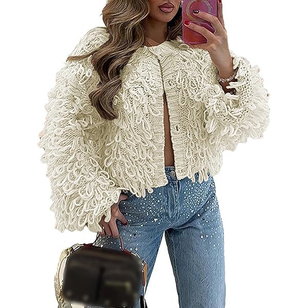 WDIRARA Women's Shaggy Knit Duster Cardigan Long Sleeve Open Front
