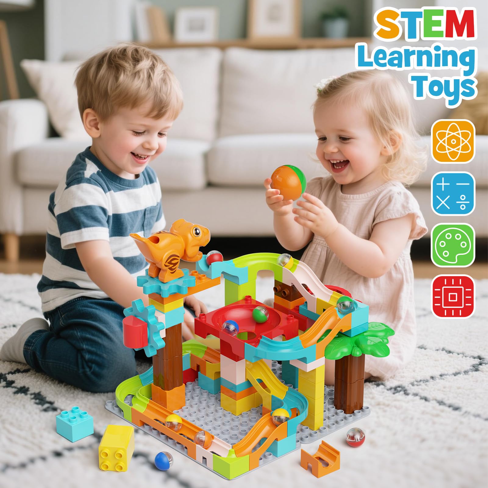 STEM MATCH Murmelbahn Bausteine Dinosaurier: 90 Teile Bahnelemente Set 2