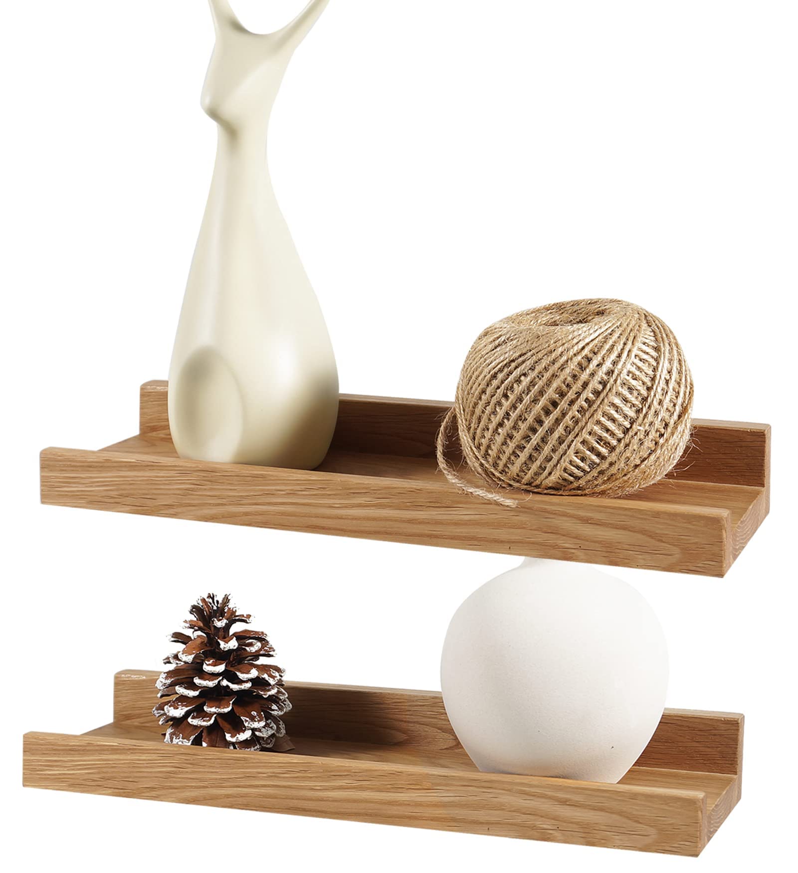 Recogwood Wooden Shelves- 2pcs 30cm Floating Shelf Wall Mounted, Solid Oak Wood Wall Shelves, Wooden Picture Ledge Shelves for Bedroom, Bathroom, Living Room, Kitchen, Home Office, Laundry room