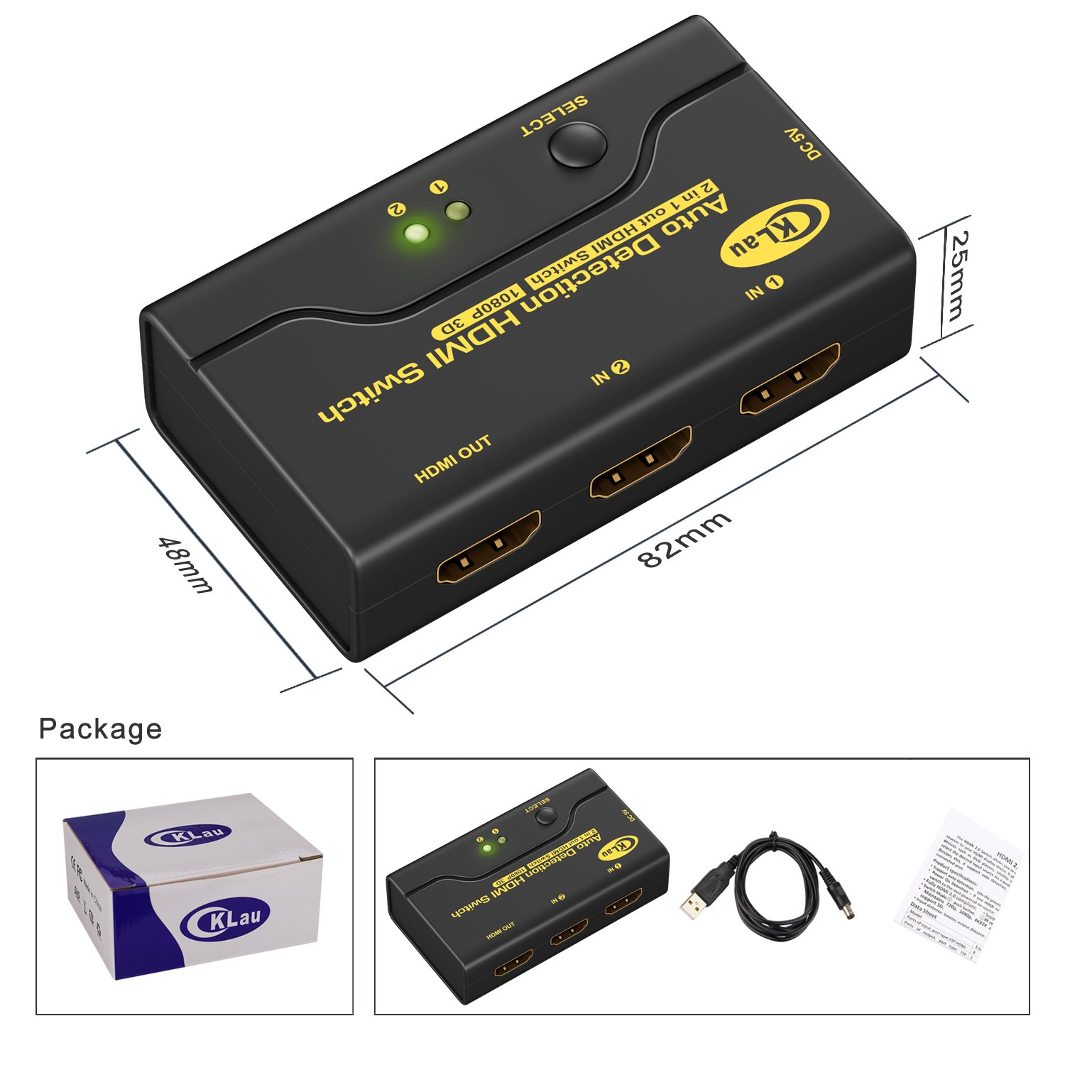 CKLau 2 Port HDMI Switch 2 In 1 Out Auto HDMI Switch Box Supports Full HD 1080P 3D for HDTV, Apple TV, Roku, Fire Stick, PC, Laptop, Xbox 360, PS3, PS4, Blu-Ray Player, Nintendo Switch, DVD