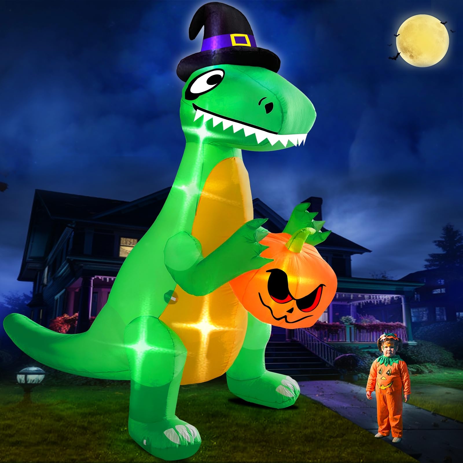 Photo 1 of 12Ft Giant Halloween Inflatables Pumpkin Dinosaur Halloween Decorations Outdoor Inflatables with LED Lights Sandbags Stakes Strings Halloween Decorations Blow Up Inflatable Holiday Yard Decoration
