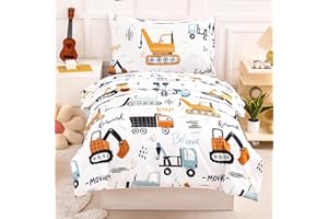 PERFEMET 4 Piece Toddler Bedding Set for Boys Car Printed Toddler Comforter Set with Sheets Reversible Cartoon Tractors Kids Bed in A Bag for Baby Bedroom (White, Car)