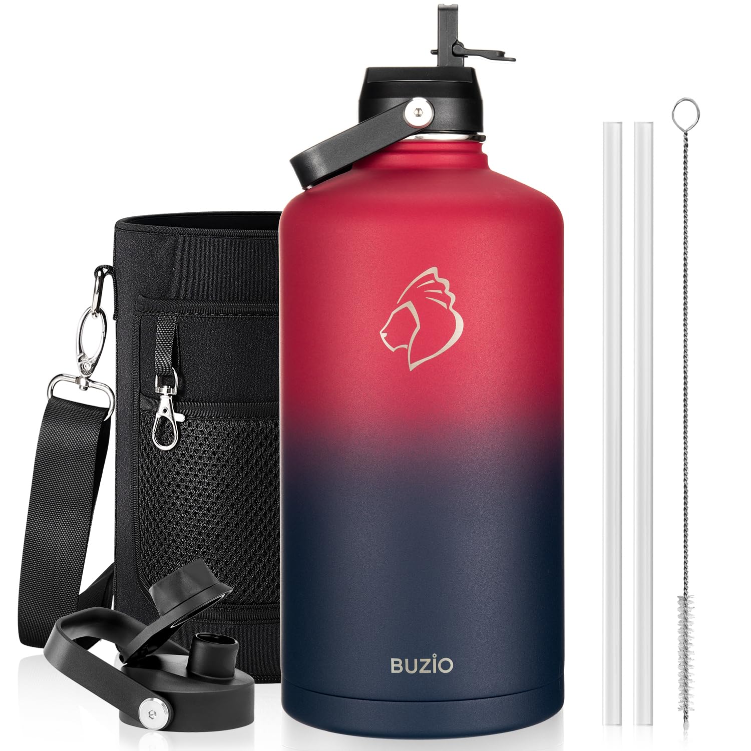 Photo 1 of 128oz Insulated Water Bottle, BUZIO Gallon Water Jug with Straw Lid and Carrying Sleeve (Cold for 48 Hrs) Stainless Steel Hydro Metal Canteen Water Flask, Ruby Red Navy