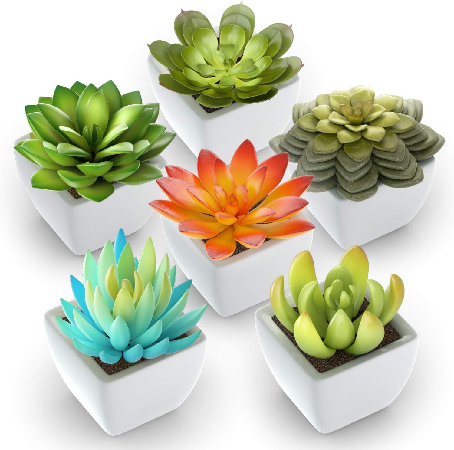 Pack of 6 - Mini Fake Succulents Artificial Plants - Ceramic White Potted Succulents - Faux Succulents Plants for Home Office Shelf Decorations