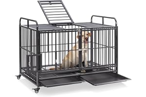 LAUREN HAROLD Lauren&Harold Large Dog Crate Furniture for Large Medium Dogs, 48 Inch Heavy Duty Dog Kennel Indoor with Wheels&Removable Tray, Dog Crates Cage House with Top Door&Feed Door