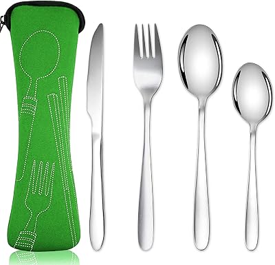 Acehome Stainless Steel Cutlery Set with Neoprene Case 4 Pcs Green