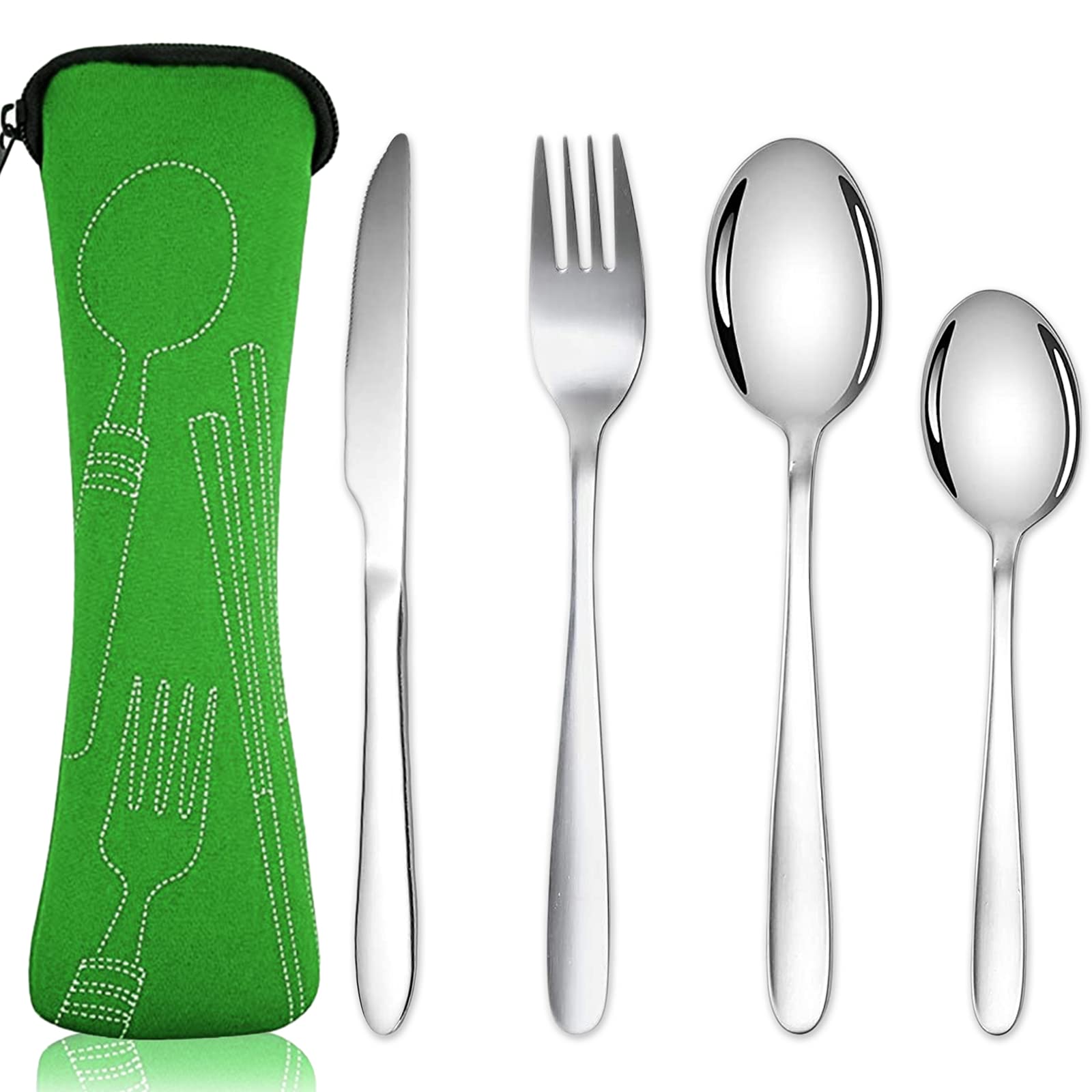 Acehome Cutlery Set with Portable Pouch Case, Stainless Steel Flatware Camping Utensil Set with Neoprene Bag for Outdoor Travel Picnic Office School Lunch Box (4 Pcs Green)