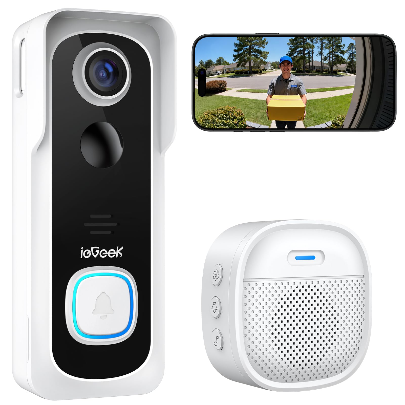 ieGeek Doorbell Camera Wireless No Monthly Fee, 2K HD Video Doorbell with Chime, Smart AI Detection Instant Alert, 2-Way Talk, Clear Night Vision, Only 2.4GHz WIFI, Works with Alexa, White