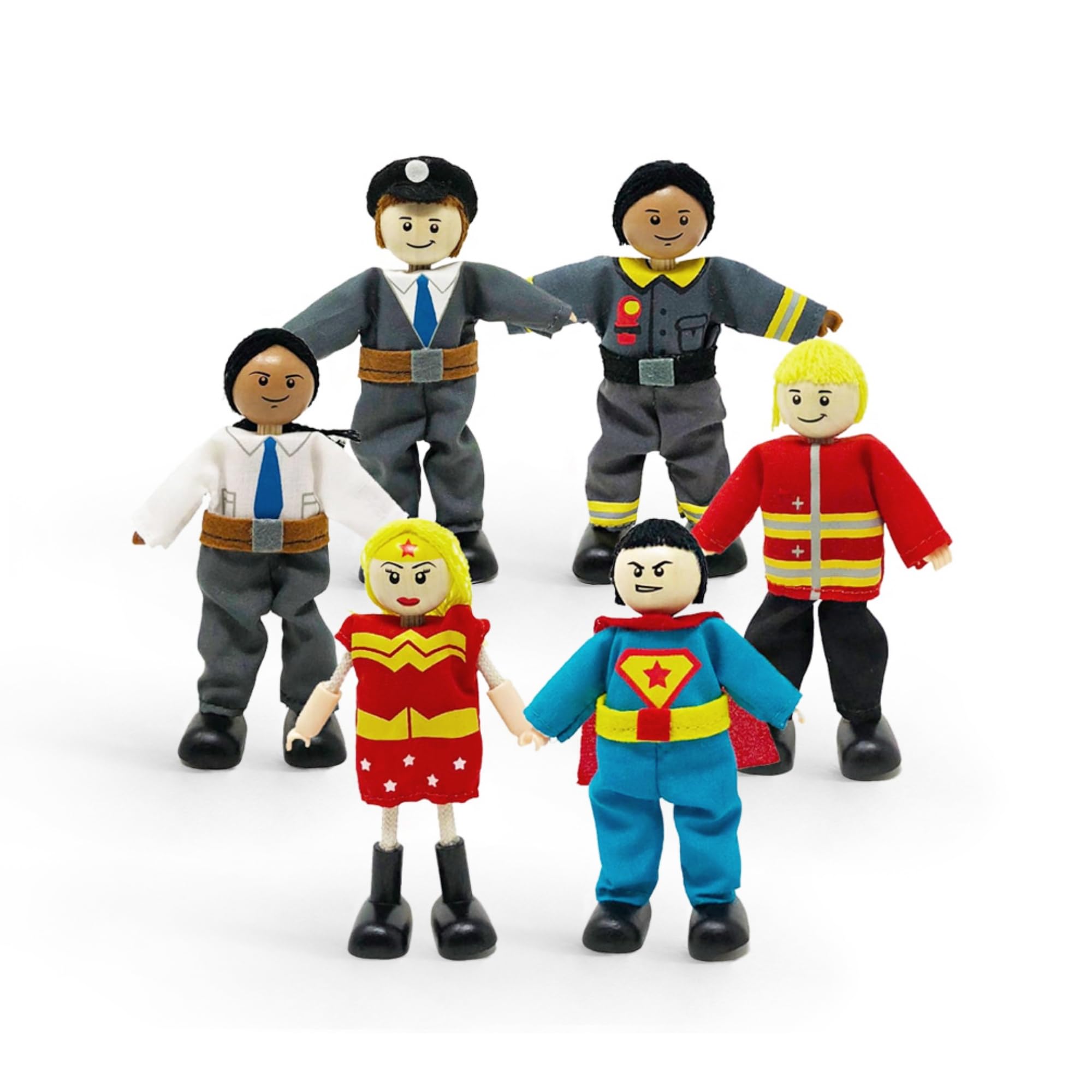 Stokke MuTable Heroes Set by Hape Toys - Six Playhouse Characters Including Fireman, Policeman, Engineer, Guard & Two Superheroes - Made of Wood & Cotton - For Ages 3+