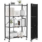ALANNG Heavy Duty 4-Tier Folding Shelf with Wheels, No Tools Assembly Metal Storage Rack Cart, 264LBS Capacity for Kitchen, Pantry, Laundry Room, Garage, (Black, 1PACK)