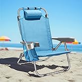 PASAMIC Backpack Beach Chair for Adults Portable, Lay Flat Reclining Beach Chair with 5 Positions, Tall Heavy Duty Folding Chairs with Cup Holder, Cooler Pouch, Storage Pouch, Towel Bar, Blue