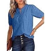 Dokotoo Women's Dressy Casual Lace Blouses Summer Tops Half Sleeve V Neck Buttons Hollow Out Embroiderey Shirts