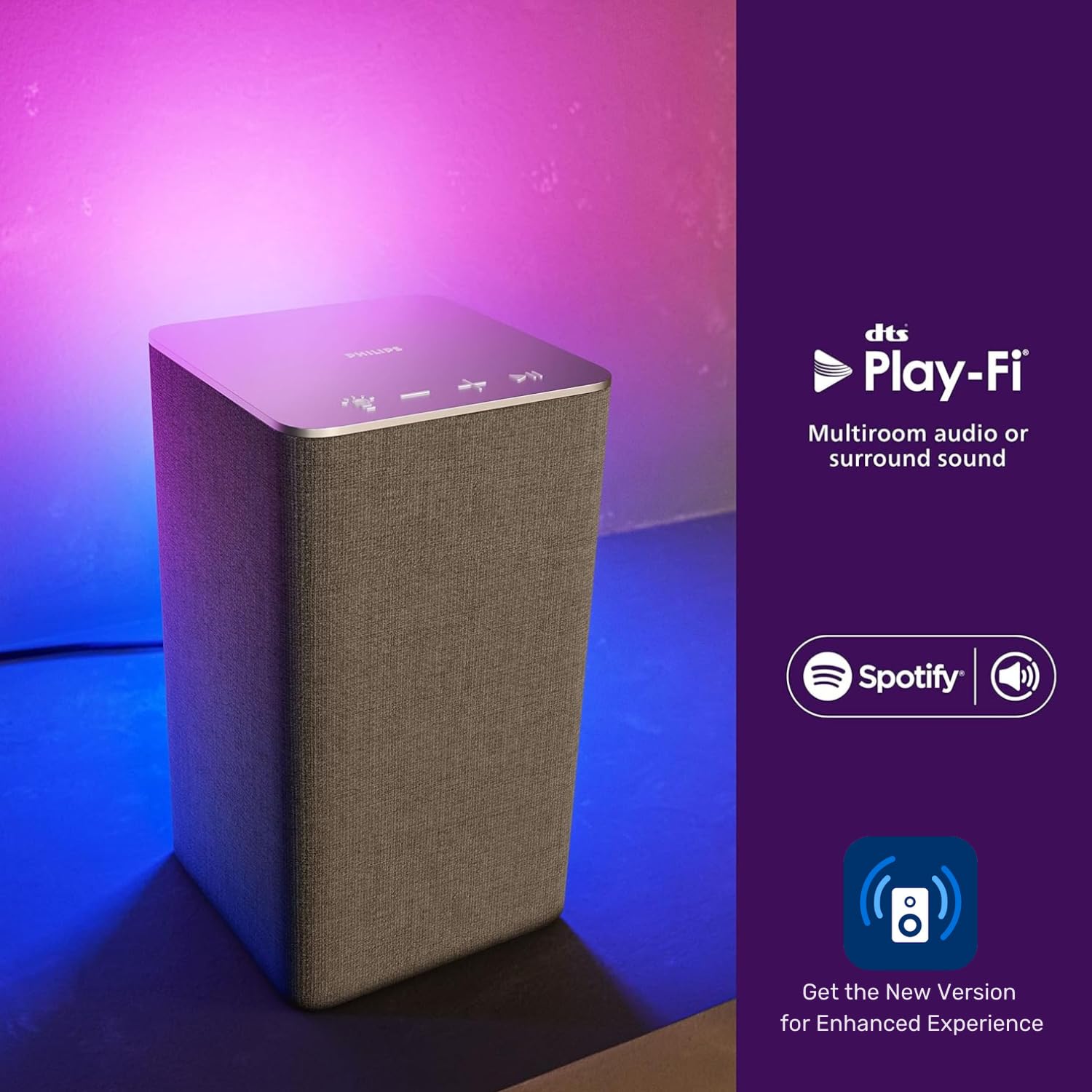 Philips W6205 Wireless Home Speaker, Bluetooth + DTS Play-Fi Compatible for Surround Sound/Stereo Pairing. Connects to Spotify, AirPlay2, Chromecast, and Echo Speakers. LED Mood Lighting, TAW6205