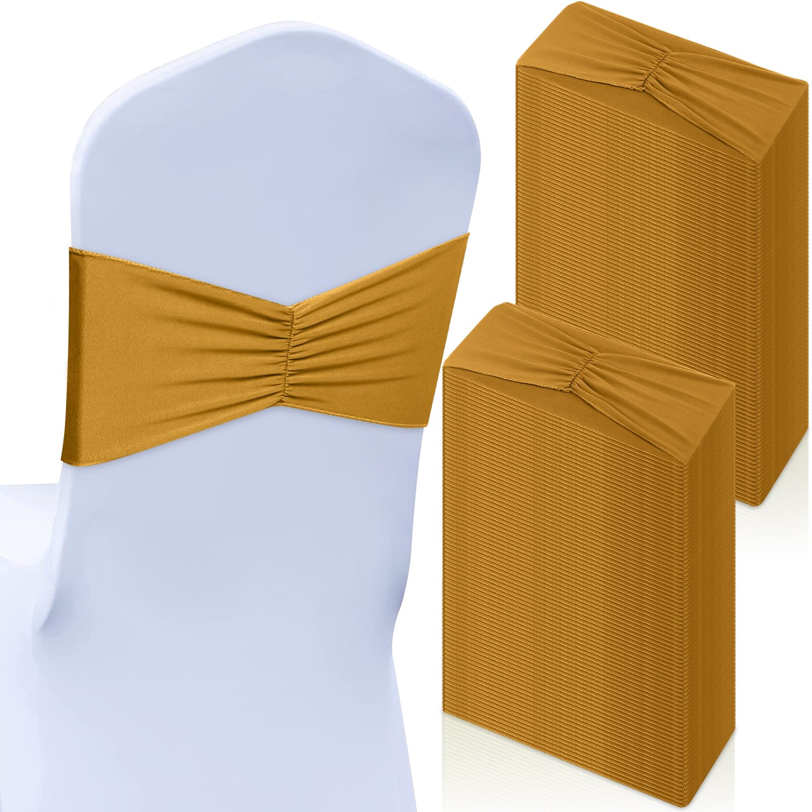 Photo 1 of Moukeren 50 Pcs Spandex Chair Sashes Bows Stretch Chair Bands Slider Sashes Elastic Ties Ribbon Covers for Wedding Party Events Ceremony Birthday Banquet Decorations(Gold)