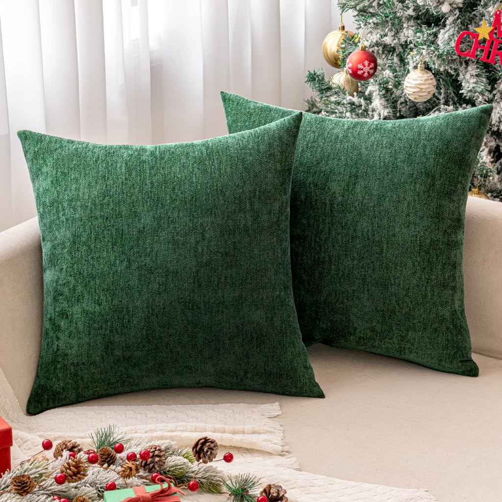 Photo 1 of **ONE HAS A ZIPPER ERROR** MIULEE Pack of 2 Christmas Dark Green Decorative Pillow Covers 18x18 Inch Soft Chenille Couch Throw Pillows Farmhouse Cushion Covers for Home Decor Sofa Bedroom Living Room