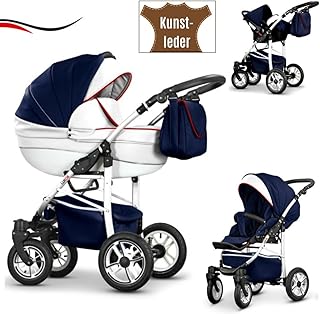 16 teiliges Qualitäts-Reisesystem 3 in 1&#34;COSMO-ECO&#34; - KUNSTLEDER: Kinderwagen + Buggy + Autokindersitz + Schwenkräder - Mega-Ausstattung - in Farbe (CE-12) WEIß-NAVY