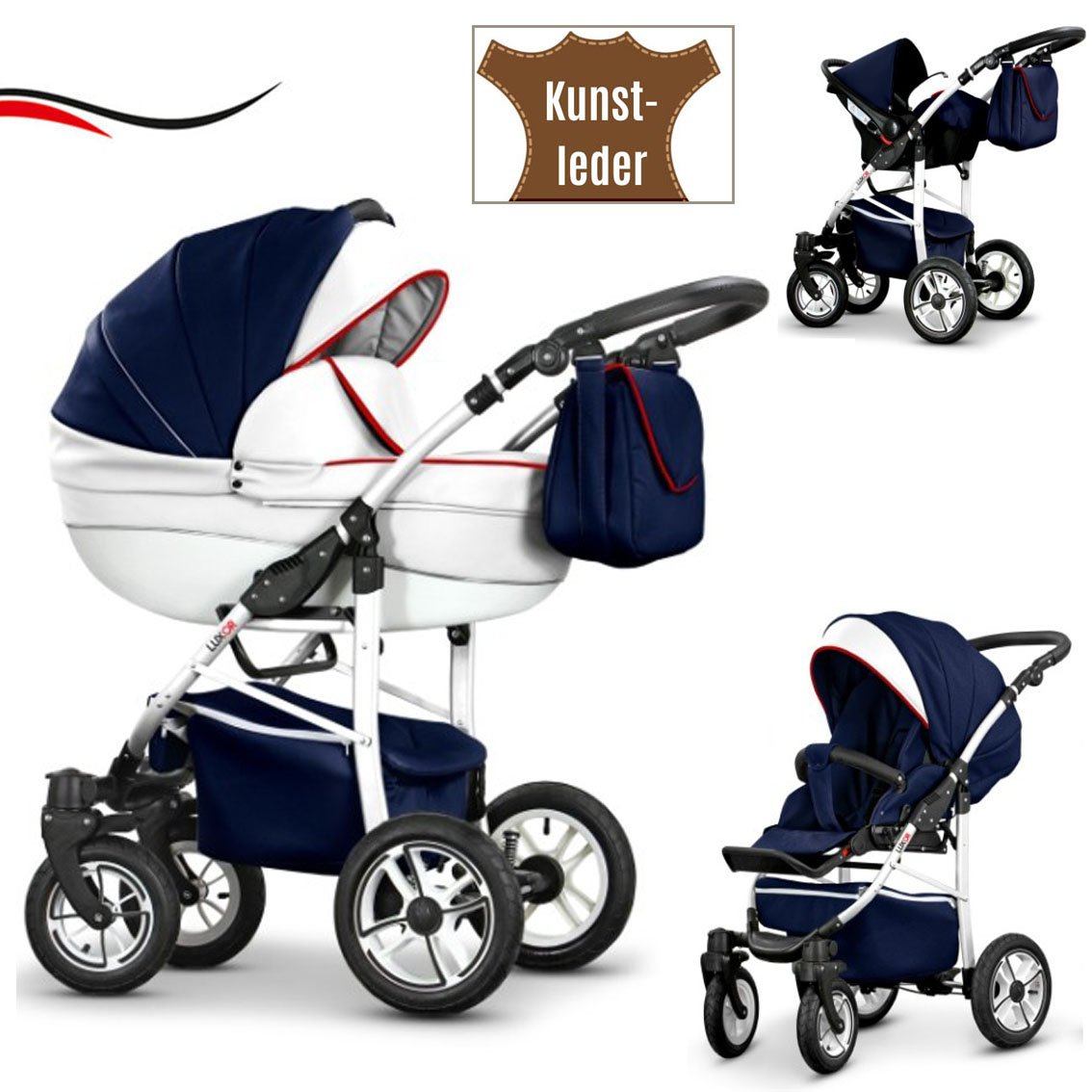 16 teiliges Qualitäts-Reisesystem 3 in 1&#34;COSMO-ECO&#34; - KUNSTLEDER: Kinderwagen + Buggy + Autokindersitz + Schwenkräder - Mega-Ausstattung - in Farbe (CE-12) WEIß-NAVY