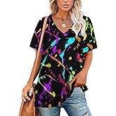 Glow in Dark Splatter Neon Short Sleeve Shirts for Women Fashion V Neck T-Shirt Women's Summer Tops