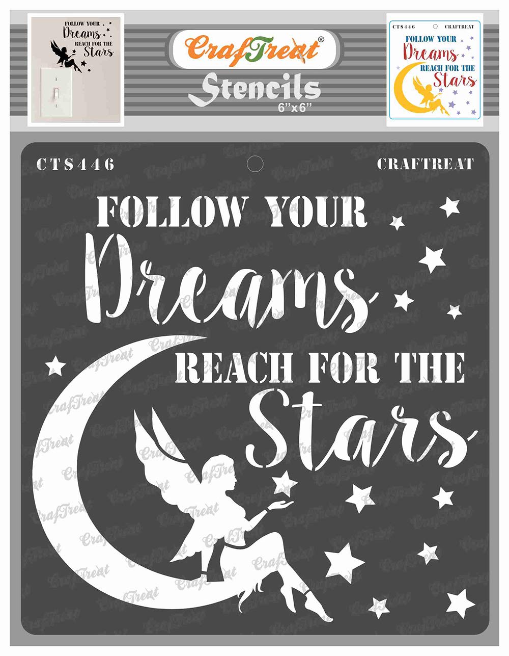 CrafTreat Reusable Moon Star Stencil for Painting on Wood - Reach for The Stars -6x6 Inch - Fairy Stencils and Templates for Painting - Quote Stencils for Painting on Fabric - Sayings Stencils