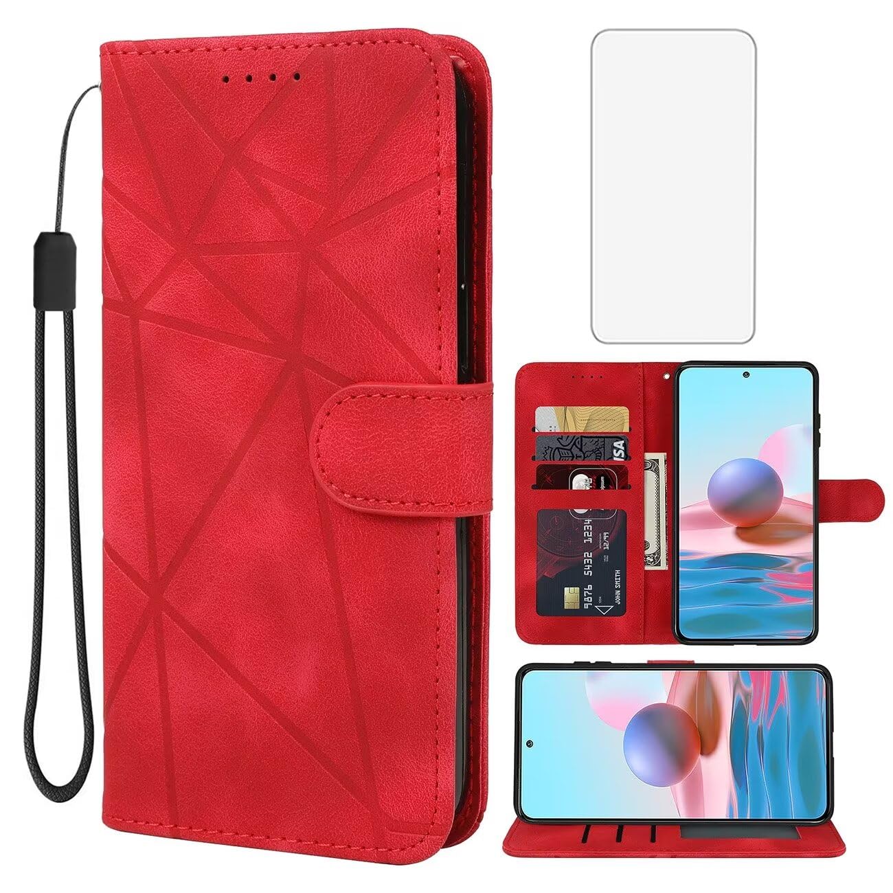 Wanyuexes Case for Redmi Note 10/Redmi Note 10S/Note 11SE 4G/Poco M5S Wallet Case with Tempered Glass Screen Protector, Leather Flip Credit Card Holder Stand Phone Cover for Xiaomi Redmi Note 10S Red