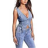 Floerns Women's Sleeveless V Neck Button Crop Vest Lace Up Front Vintage Denim Vest