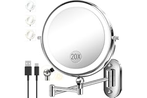 vpu 9" Wall Mounted Makeup Mirror with Light, 20X/1X Height Adjustable Double Sided Magnifying Bathroom Lighted Mirror, 3 Color Touch Dimmable Extended Arm 360 Rotation Light up Magnification Mirrors